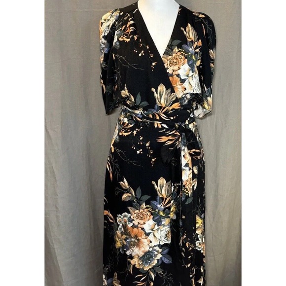 AFRM NORDSTROM Black Floral Midi Wrap Dress Womens Size Small Tie Waist NWT - Picture 2 of 16